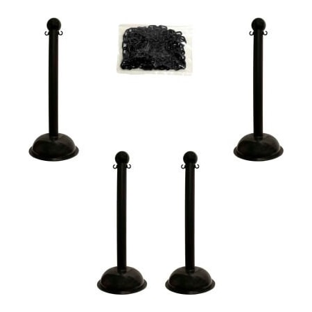 Gec Mr. Chain Heavy Duty Plastic Stanchion Kit With 2inx50'L Chain, 41inH, Black, 4 Pack 71303-4